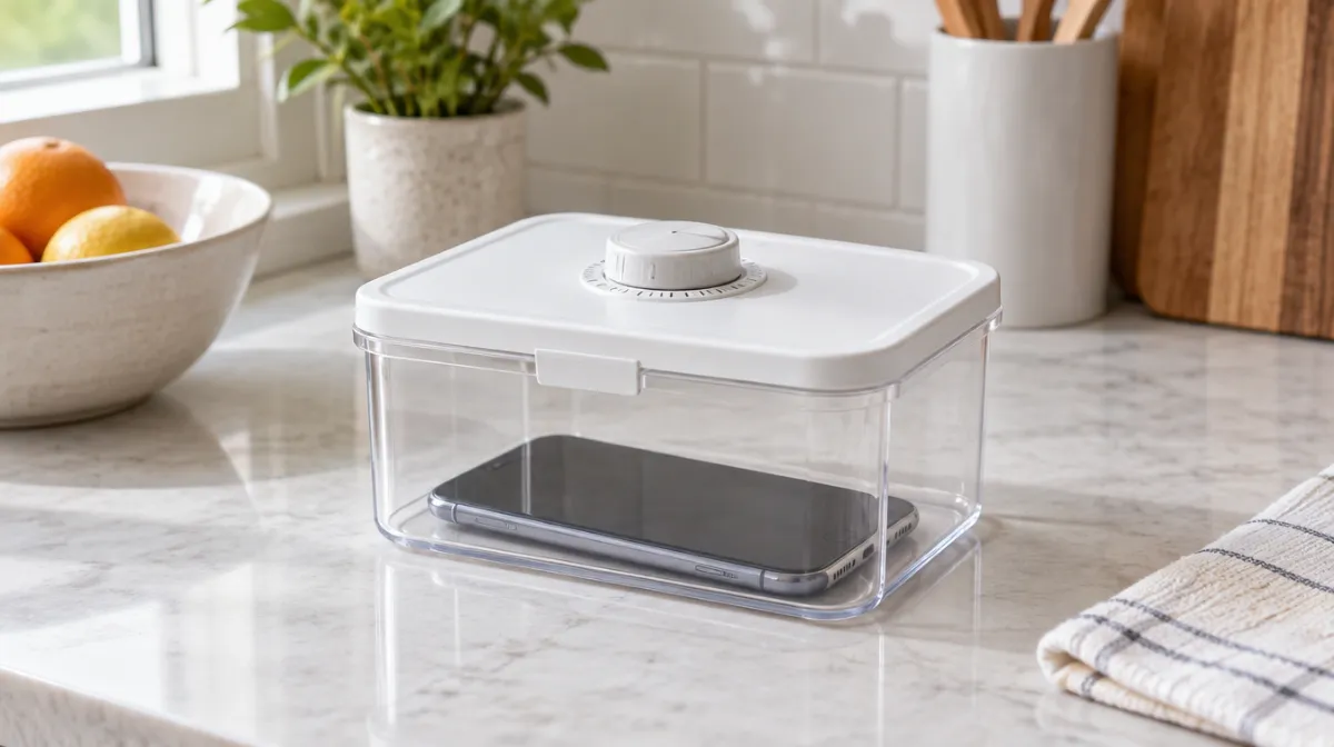 A smartphone inside a clear plastic box with a timer lid on a kitchen counter