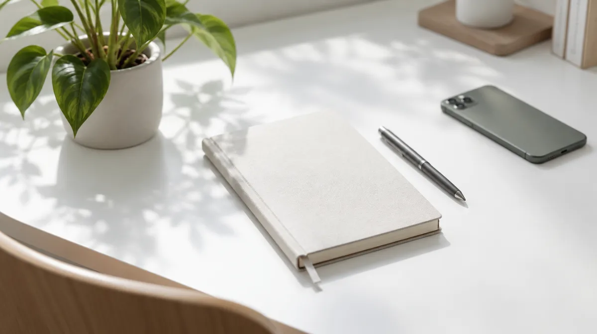 A minimalist desk with a single notebook, a pen, a small plant and a phone lying face down