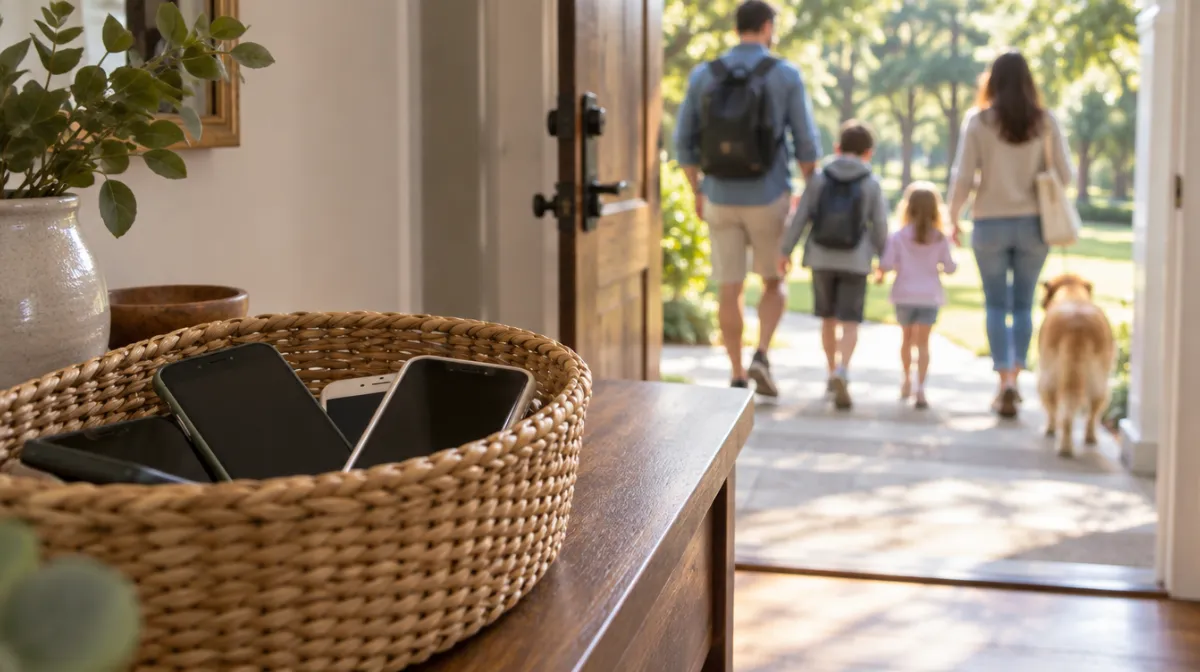 Smartphones left in a woven basket on a hallway table while a family walks out into a sunny park