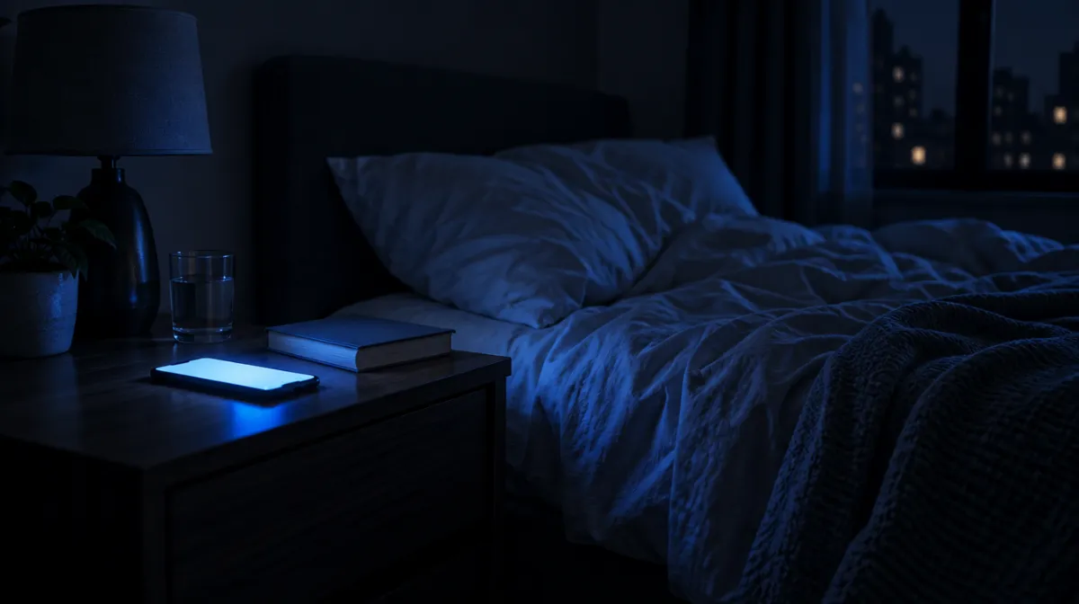A smartphone glowing on a bedside table in a dark bedroom at night