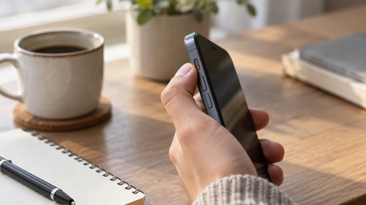 A hand switching a smartphone to silent on a wooden desk beside a notebook and a cup of coffee
