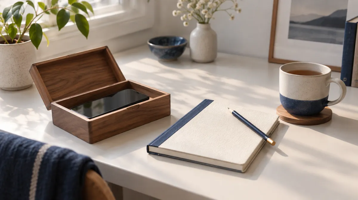 A smartphone resting in an open wooden box on a calm morning desk