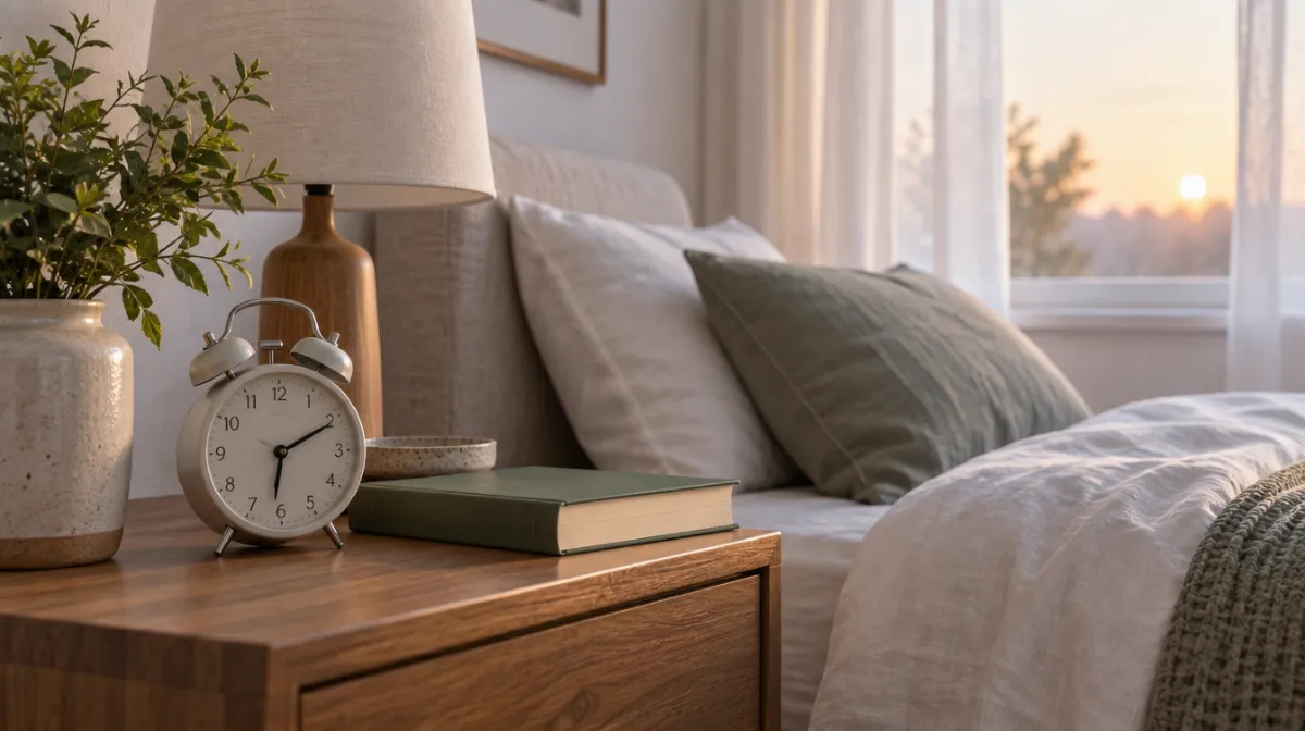 A tidy bedroom at dawn with an analogue alarm clock and a book on the bedside table
