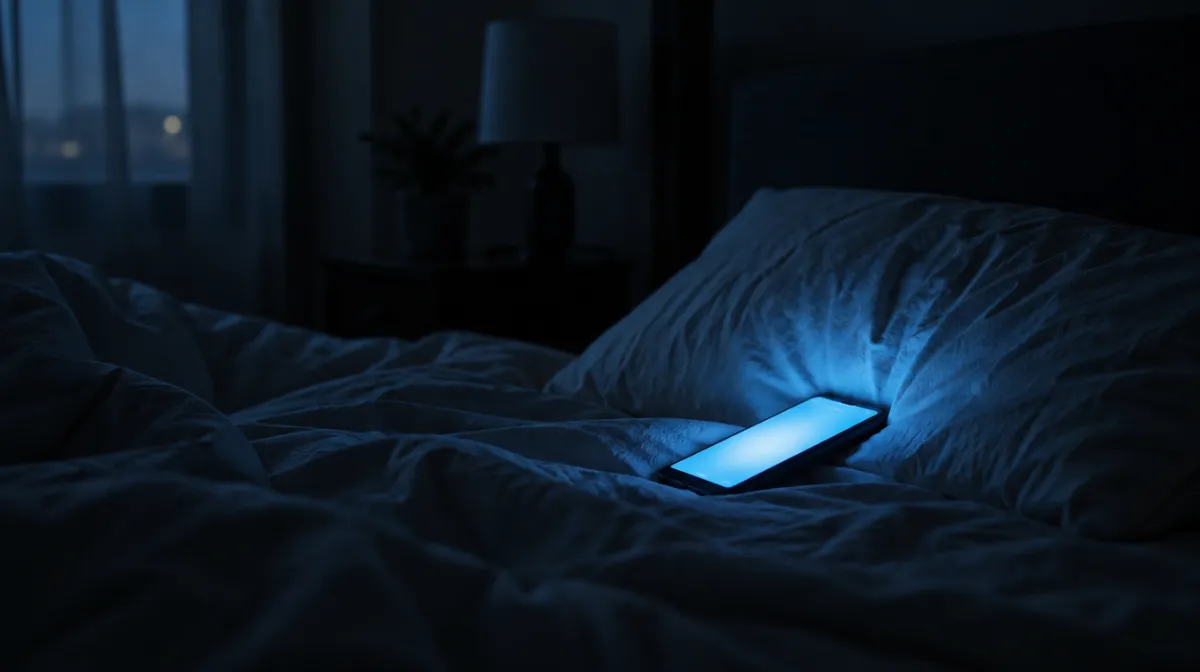 A dark bedroom lit only by the soft glow of a phone screen resting on a pillow